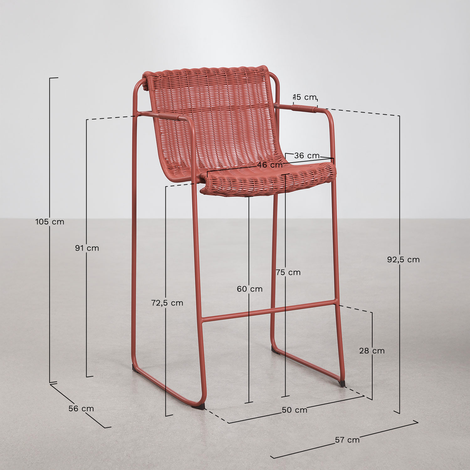 Pack of 4 stackable high stools with armrests in synthetic wicker and steel Revia, MEASURES