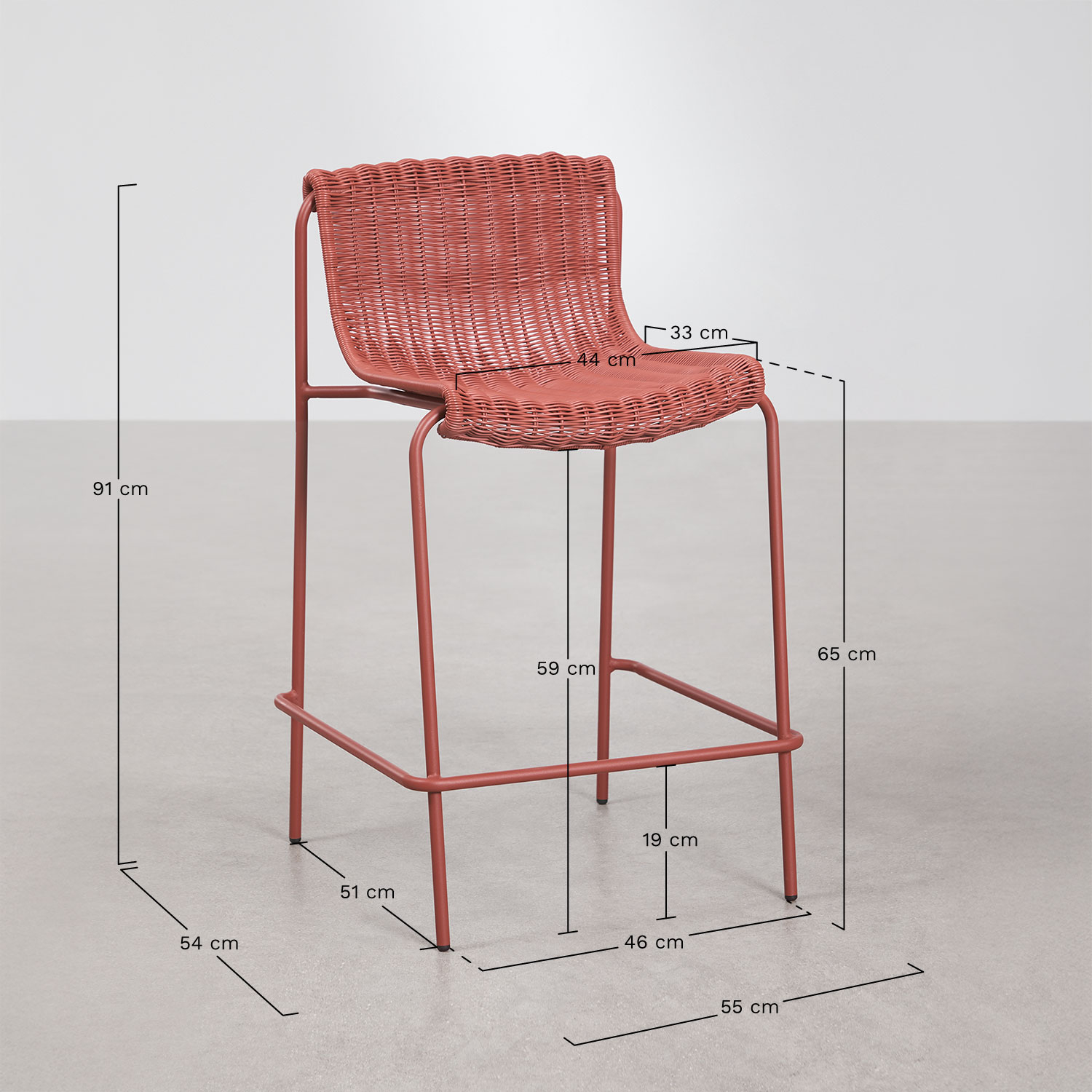 High garden stool in synthetic wicker and steel Revia, MEASURES