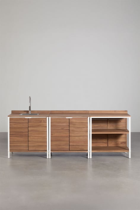 3-piece outdoor modular kitchen with sink and acacia wood storage Reggie