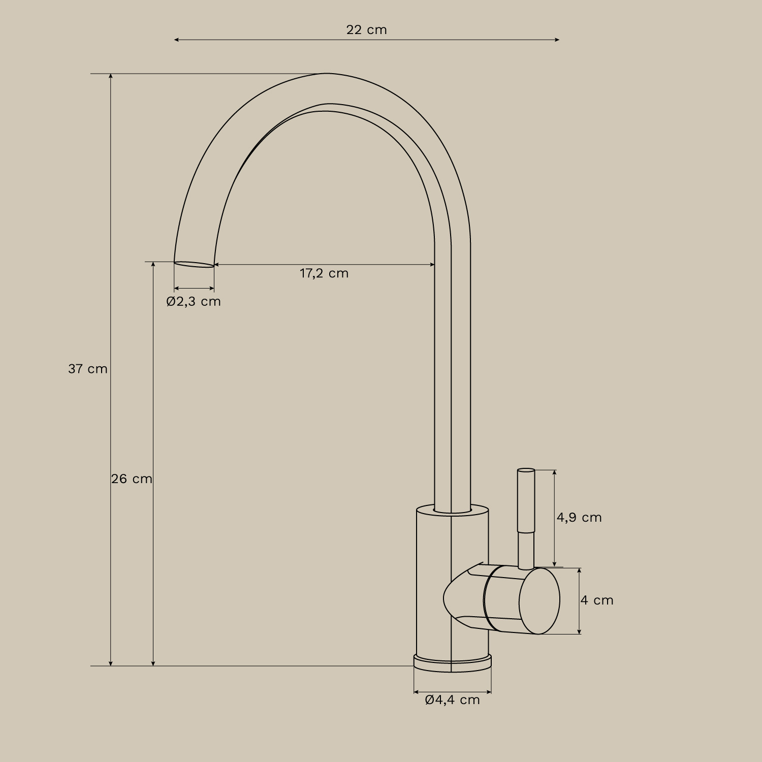 Rintran stainless steel kitchen faucet with high spout, MEASURES
