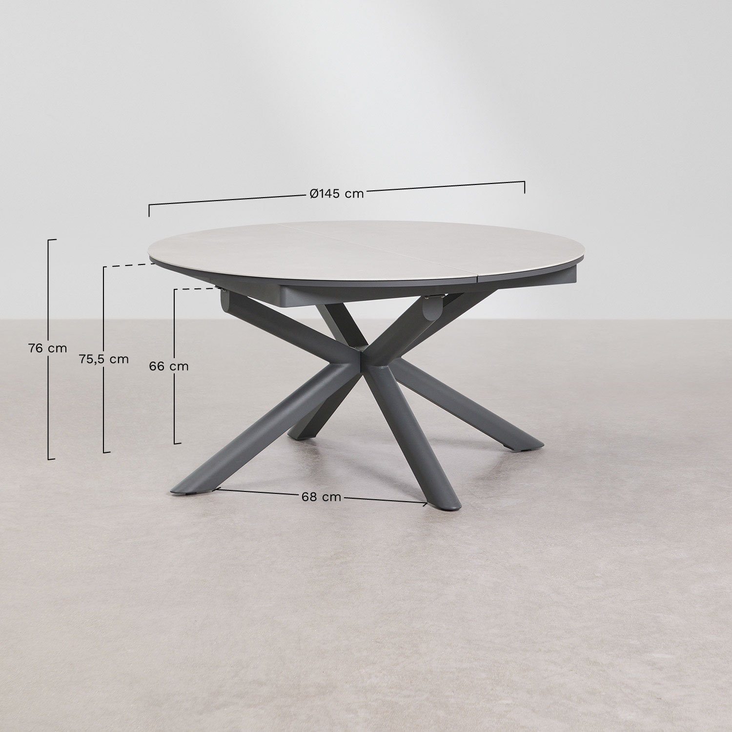 Begur extendable round dining table 145-200x145 cm in aluminum, MEASURES