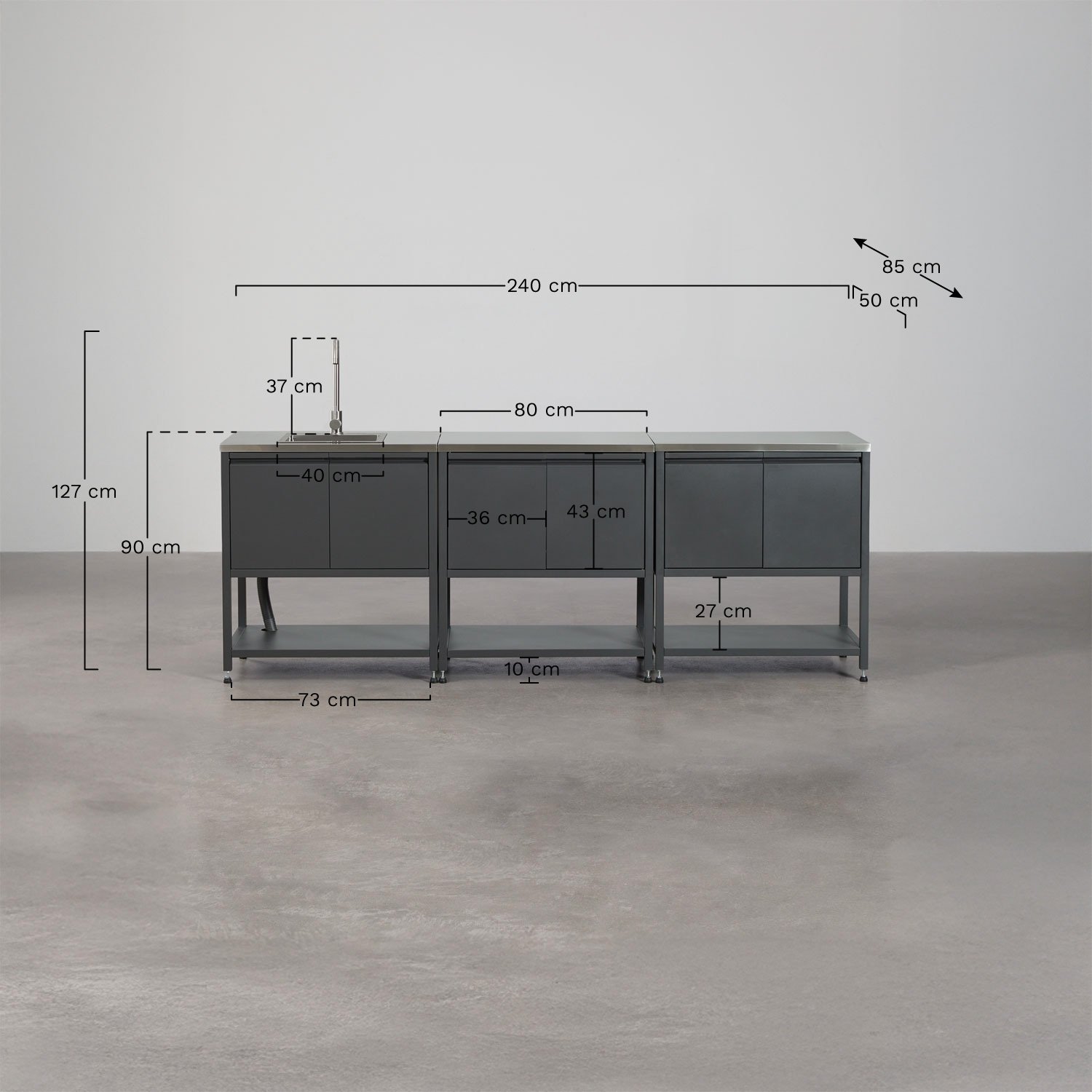 3-piece outdoor modular kitchen with sink and steel storage Savona, MEASURES