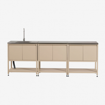 3-piece Outdoor Modular Kitchen With Sink And Steel Storage Savona Tapioca Beige & Brushed Grey Rintran - Sklum