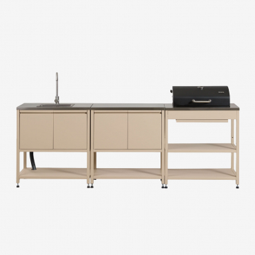 3-piece Outdoor Modular Kitchen With Sink, Storage, And Savona Steel Charcoal Barbecue Tapioca Beige & Brushed Grey Rintran - Sklum