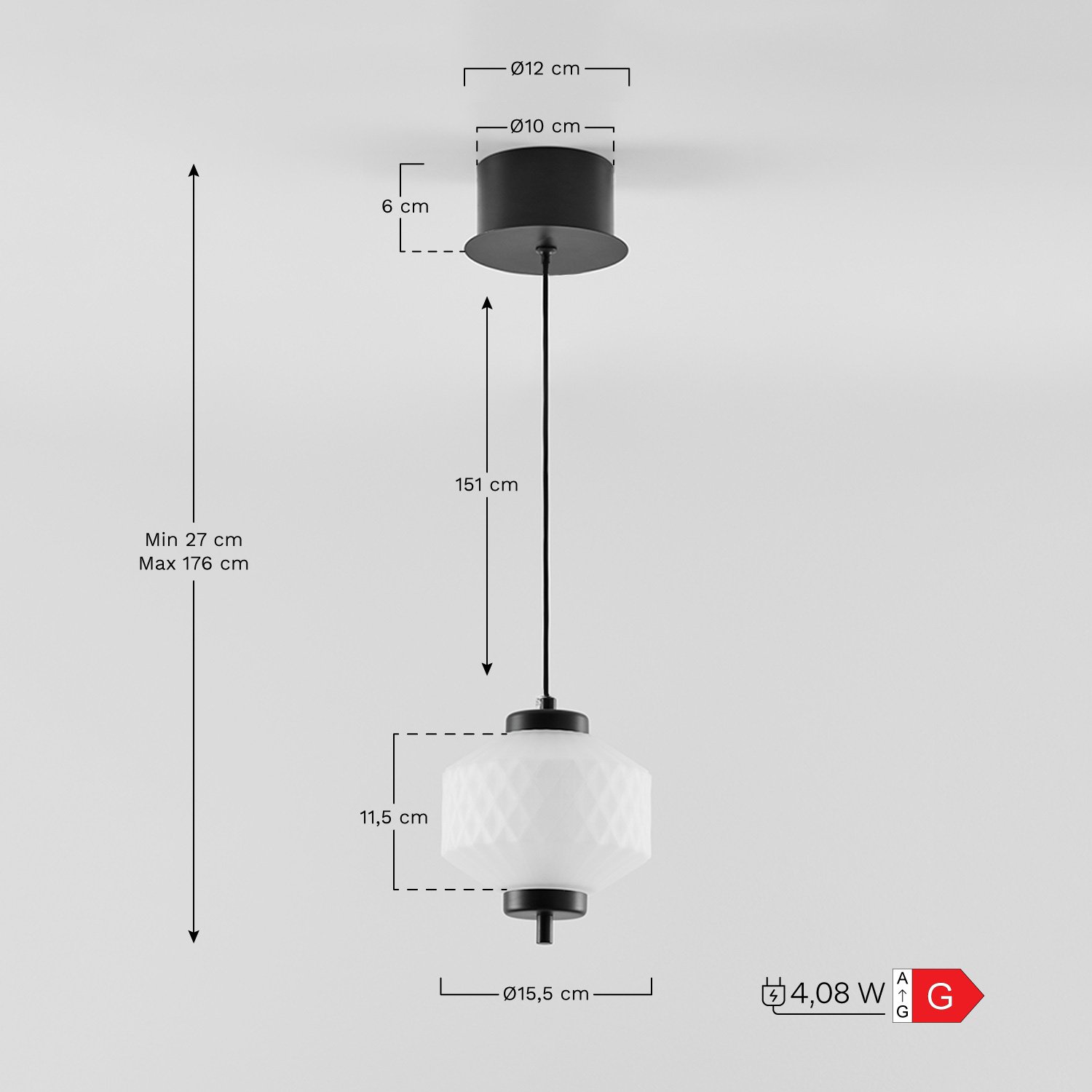 LED hanging ceiling lamp in iron with 1 glass globe Necsar, MEASURES