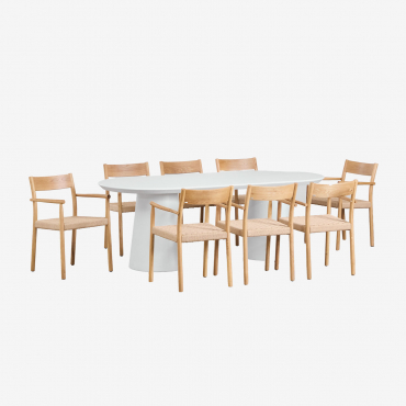 Noemi Oval Table Set 220x95 Cm In Cement And 8 Mara Dining Chairs In Oak Wood And Braided Rope White - Sklum