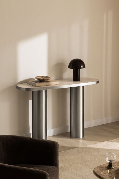 Oval 120x40 cm hallway console in natural stone and stainless steel Fertrix - Travertine