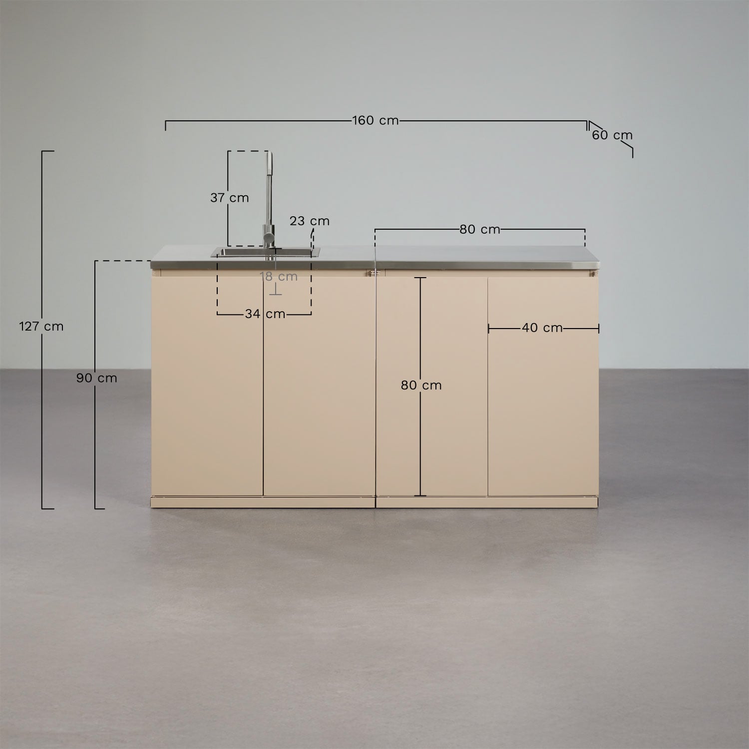 2-piece outdoor modular kitchen with sink and steel storage Rivana, MEASURES