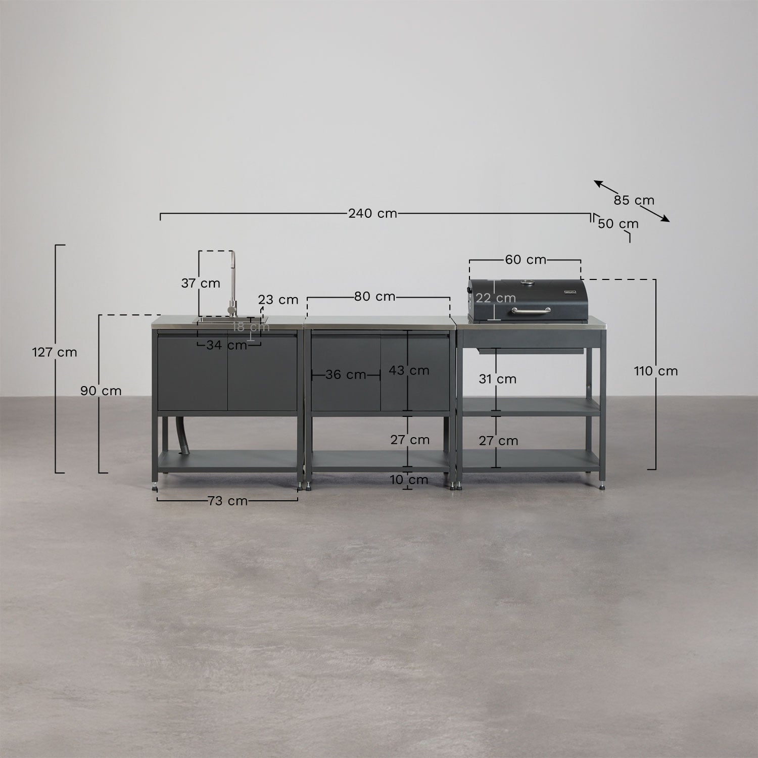 3-piece outdoor modular kitchen with sink, storage, and Savona steel charcoal barbecue, MEASURES