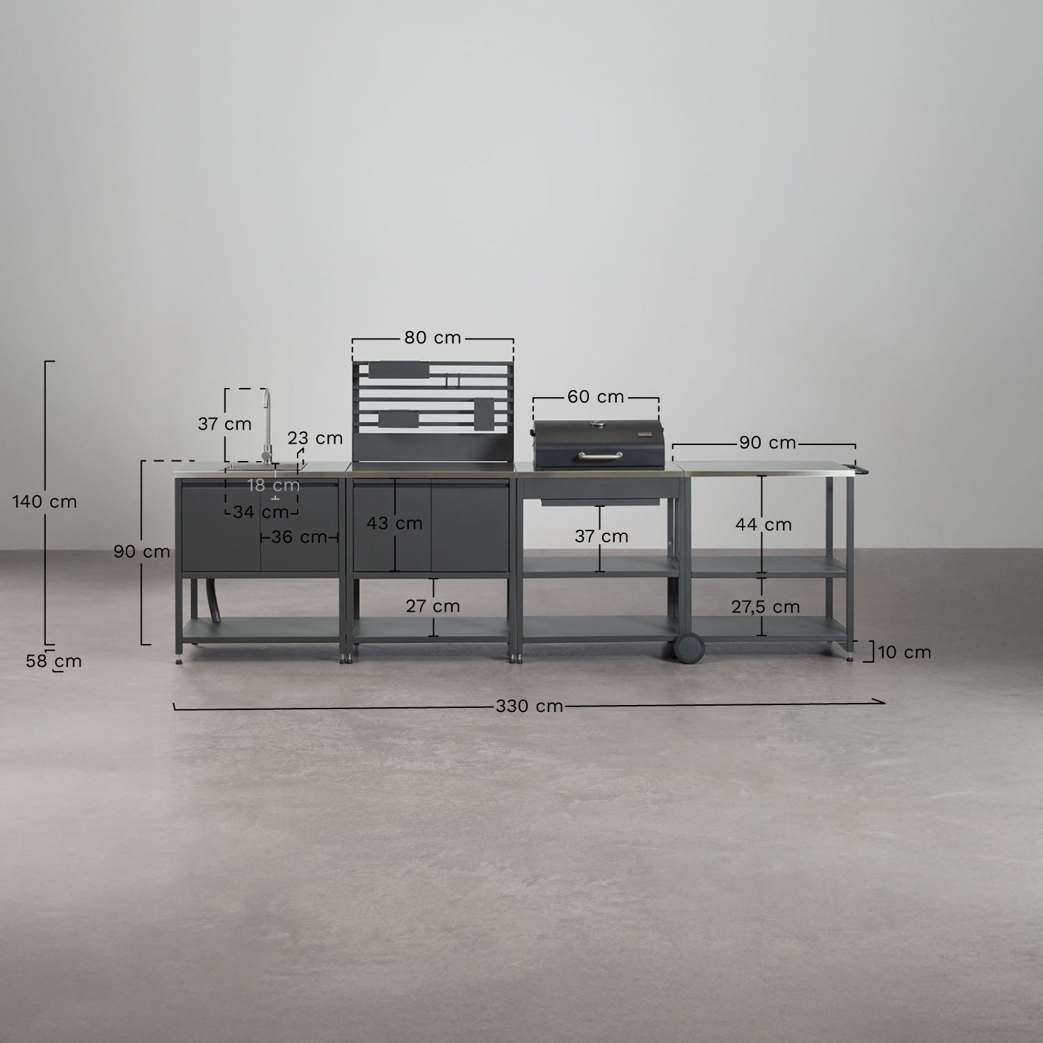 4-piece outdoor modular kitchen with sink, organizer panel, cart, and steel charcoal barbecue Savona, MEASURES