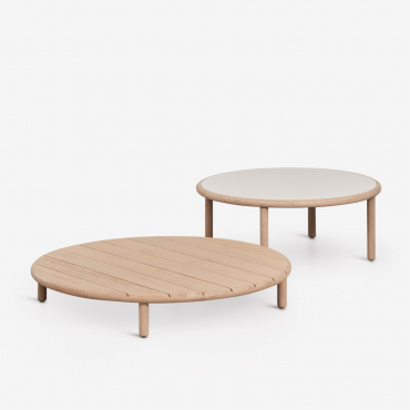 Set Of 2 Round Acacia Wood Coffee Tables Olivia Light Acacia Brown - Gardenia White & Light Brown Acacia - Sklum