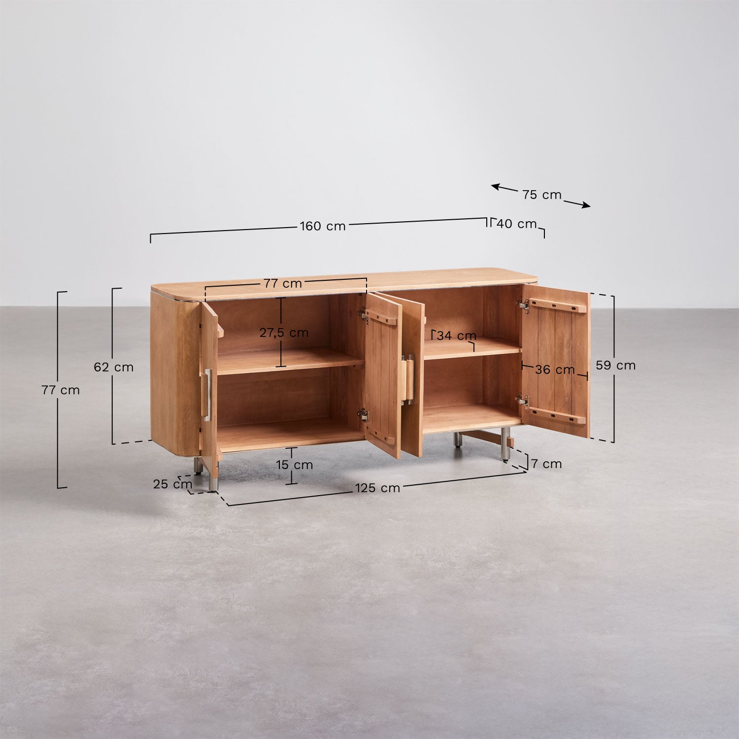 Osaka sideboard in mango wood and steel, MEASURES