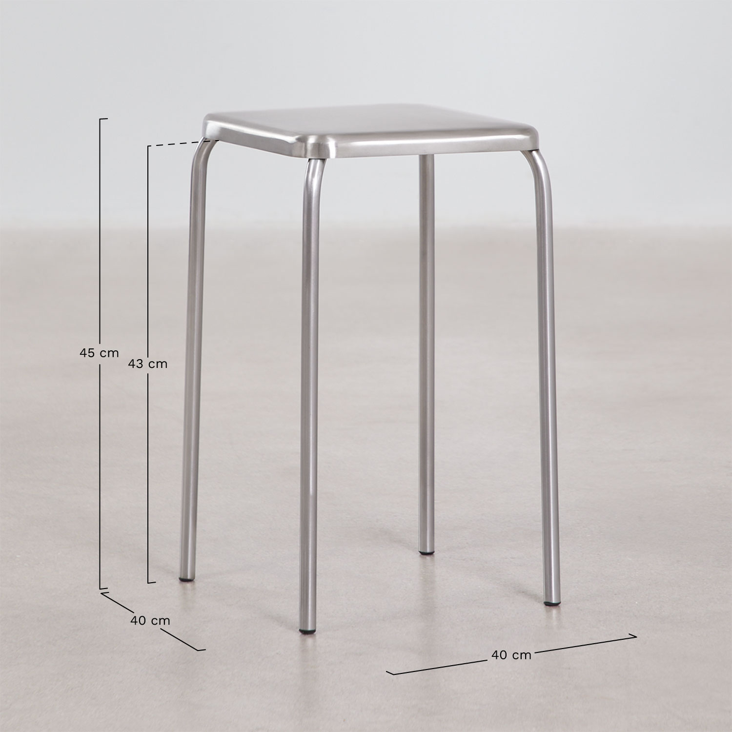 Pack of 4 low 45 cm stackable stools in stainless steel Narnial , MEASURES