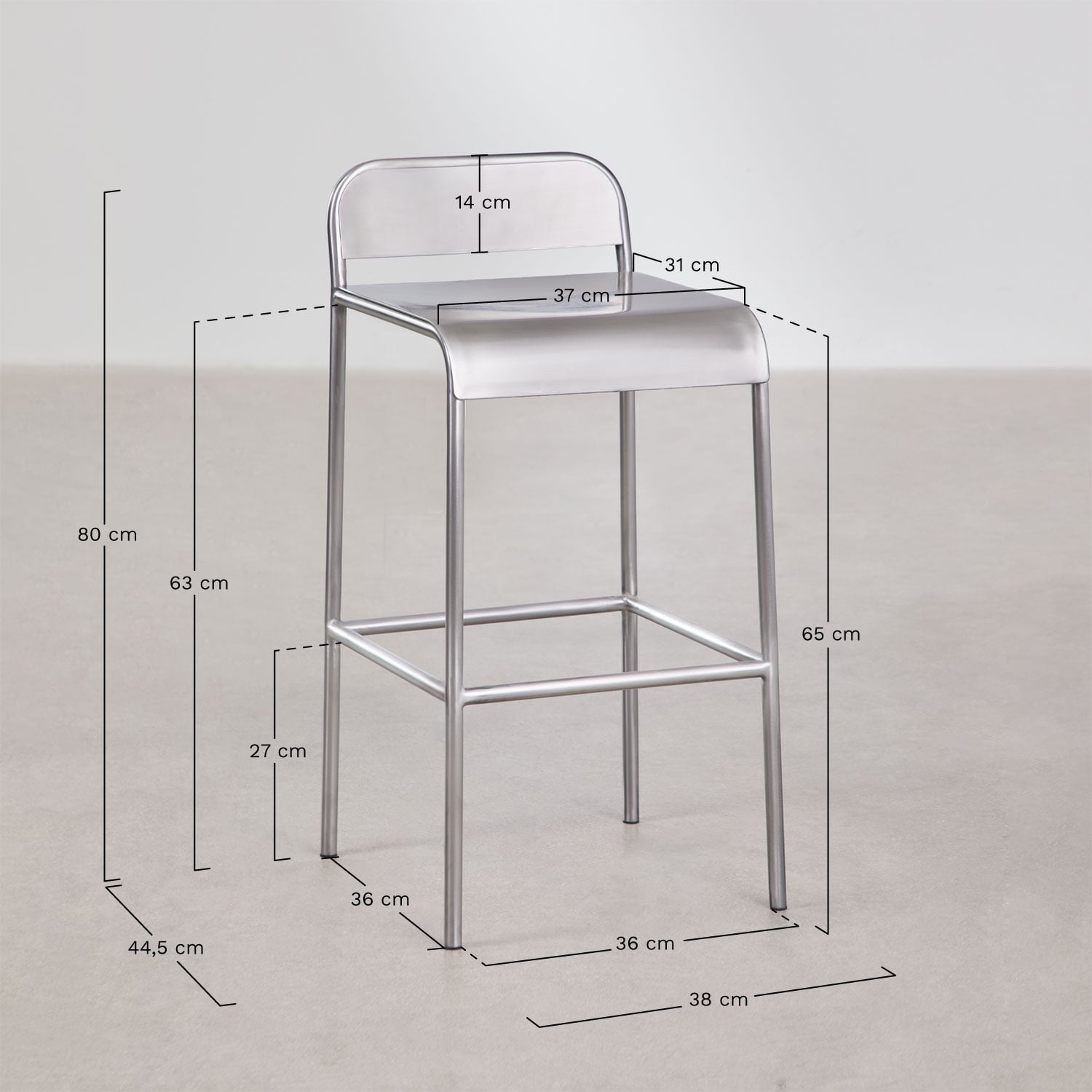 Narnial stainless steel bar stool, MEASURES