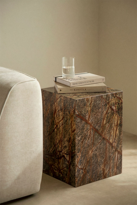 Square side table 35x35 cm in natural Aluret stone - Green Marble Forest