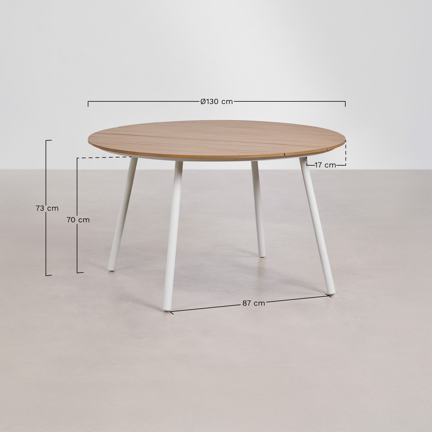 Mireiali round garden table Ø130 cm in wood and steel, MEASURES