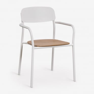Stackable Garden Chair With Wooden Armrests And Steel Mireiali Gardenia White - Chestnut Wood Brown - Sklum