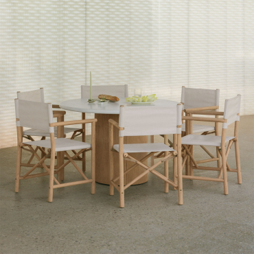 Sharpay Ø120 Cm Round Cement Table Set And 6 Olivia Folding Garden Director Chairs In Acacia Wood Light Brown Acacia - Sklum