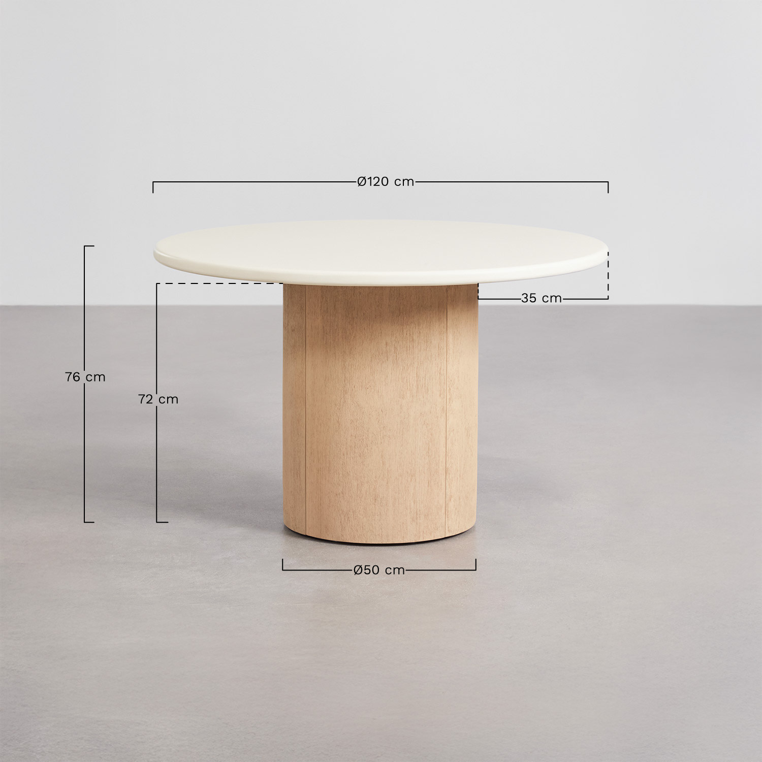 Round table set Ø120 cm in Sharpay cement and 6 folding director garden chairs in acacia wood Olivia, MEASURES