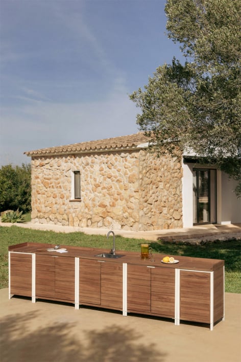 6-piece outdoor modular kitchen with sink and acacia wood storage Reggie