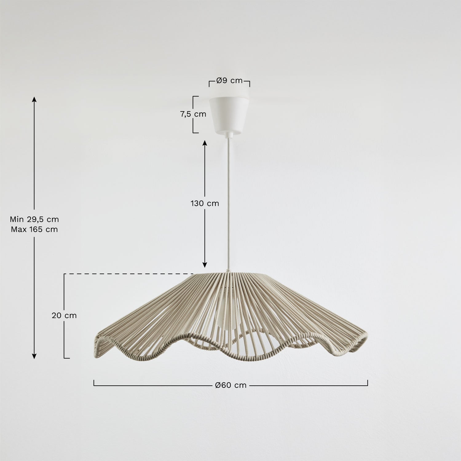 Kirinda pendant ceiling lamp in iron and braided rope, MEASURES