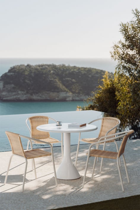 Round table set Ø90 cm in cement and fiberglass Melody and 4 garden chairs in steel and synthetic wicker Kalymana