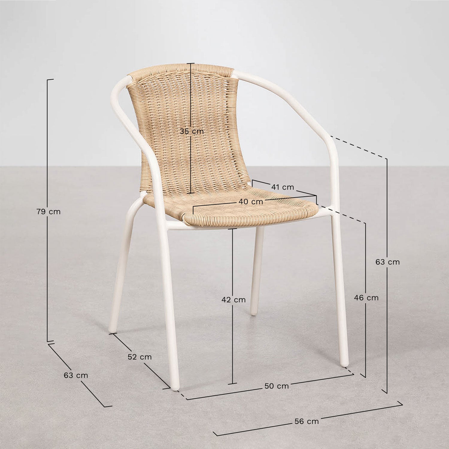 Round table set Ø90 cm in cement and fiberglass Melody and 4 garden chairs in steel and synthetic wicker Kalymana, MEASURES