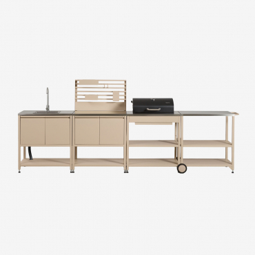 4-piece Outdoor Modular Kitchen With Sink, Organizer Panel, Cart, And Steel Charcoal Barbecue Savona Tapioca Beige & Brushed Grey Rintran - Sklum