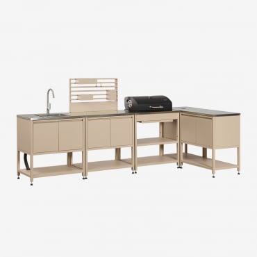 5-piece Outdoor Corner Modular Kitchen With Sink, Organizer Panel, And Steel Charcoal Barbecue Savona Tapioca Beige & Brushed Grey Rintran - Sklum