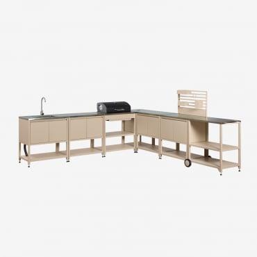 7-piece Outdoor Corner Modular Kitchen With Sink, Organizer Panel, And Steel Charcoal Barbecue Savona Tapioca Beige & Brushed Grey Rintran - Sklum