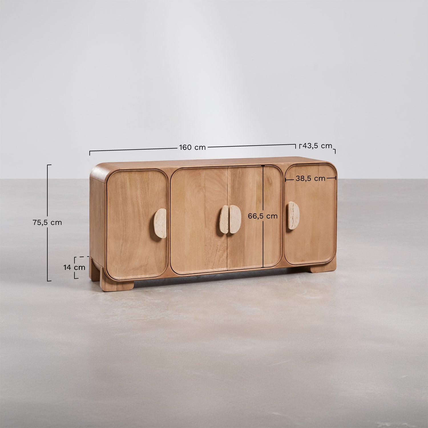 Sideboard 160x40 cm in mango wood and travertine Kivalina, MEASURES