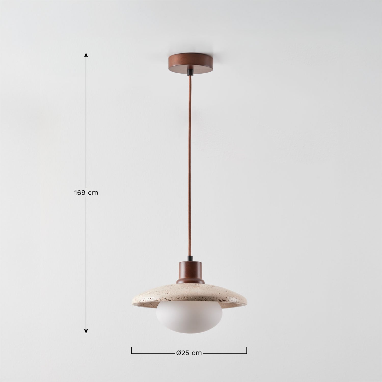 Davise pendant ceiling lamp in travertine and wood with crystal ball, MEASURES
