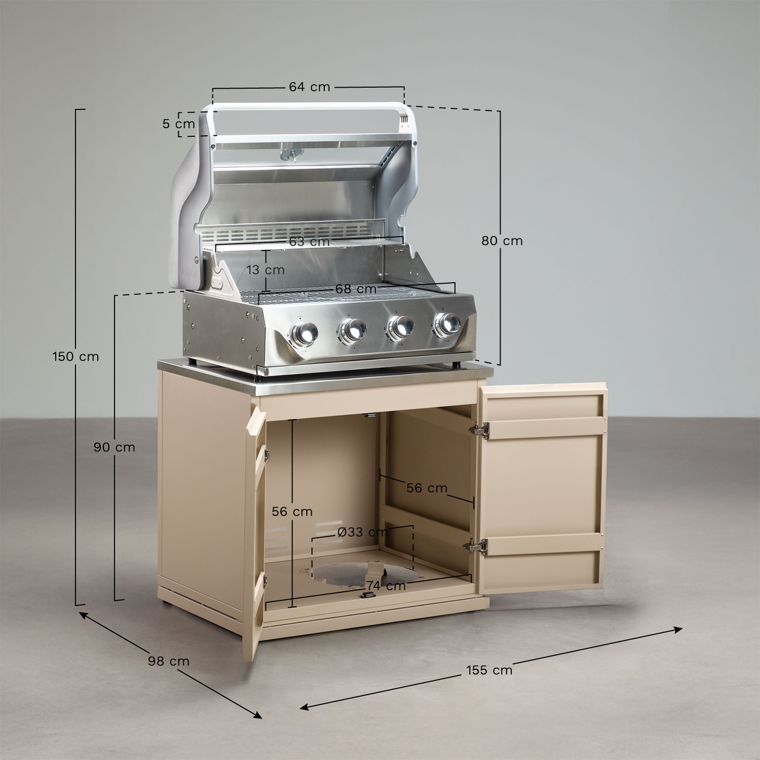 Module with gas barbecue with 4 burners for modular outdoor kitchen in Rivana steel, MEASURES