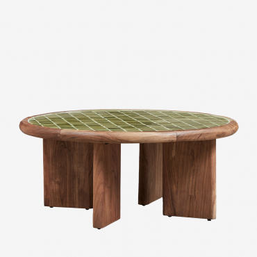 Round Coffee Table Ø80 Cm In Acacia Wood And Aitana Tiles Melon Green - Acacia Brown - Sklum