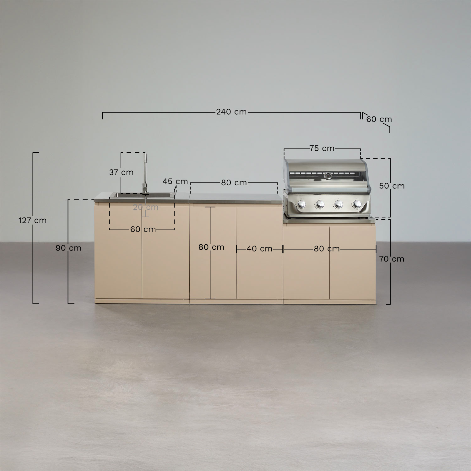 Modular 3-piece outdoor kitchen with sink and 4-burner Rivana steel gas barbecue, MEASURES