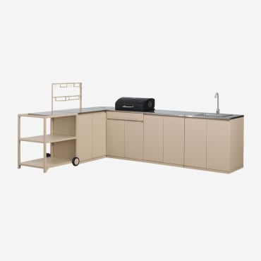 Modular 6-piece Outdoor Corner Kitchen With Sink, Storage, And Rivana Steel Charcoal Barbecue Tapioca Beige & Brushed Grey Rintran - Sklum