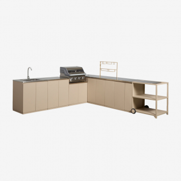 8-piece Outdoor Corner Modular Kitchen With Sink And 4-burner Rivana Steel Gas Barbecue Tapioca Beige & Brushed Grey Rintran - Sklum