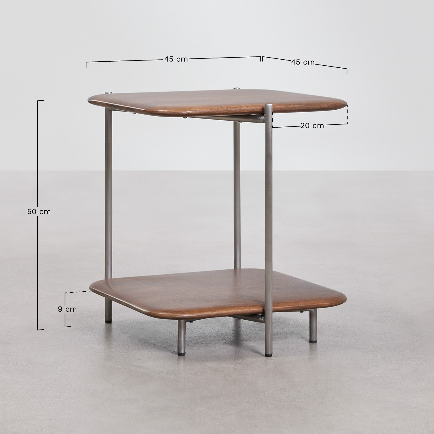 Vimara 45x45 cm bedside table in mango wood and stainless steel, MEASURES