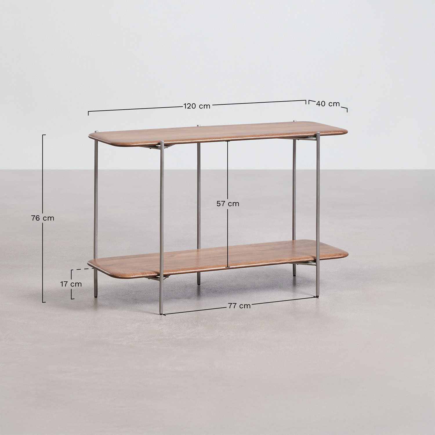 Vimara 120x40 cm entryway console in mango wood and stainless steel, MEASURES