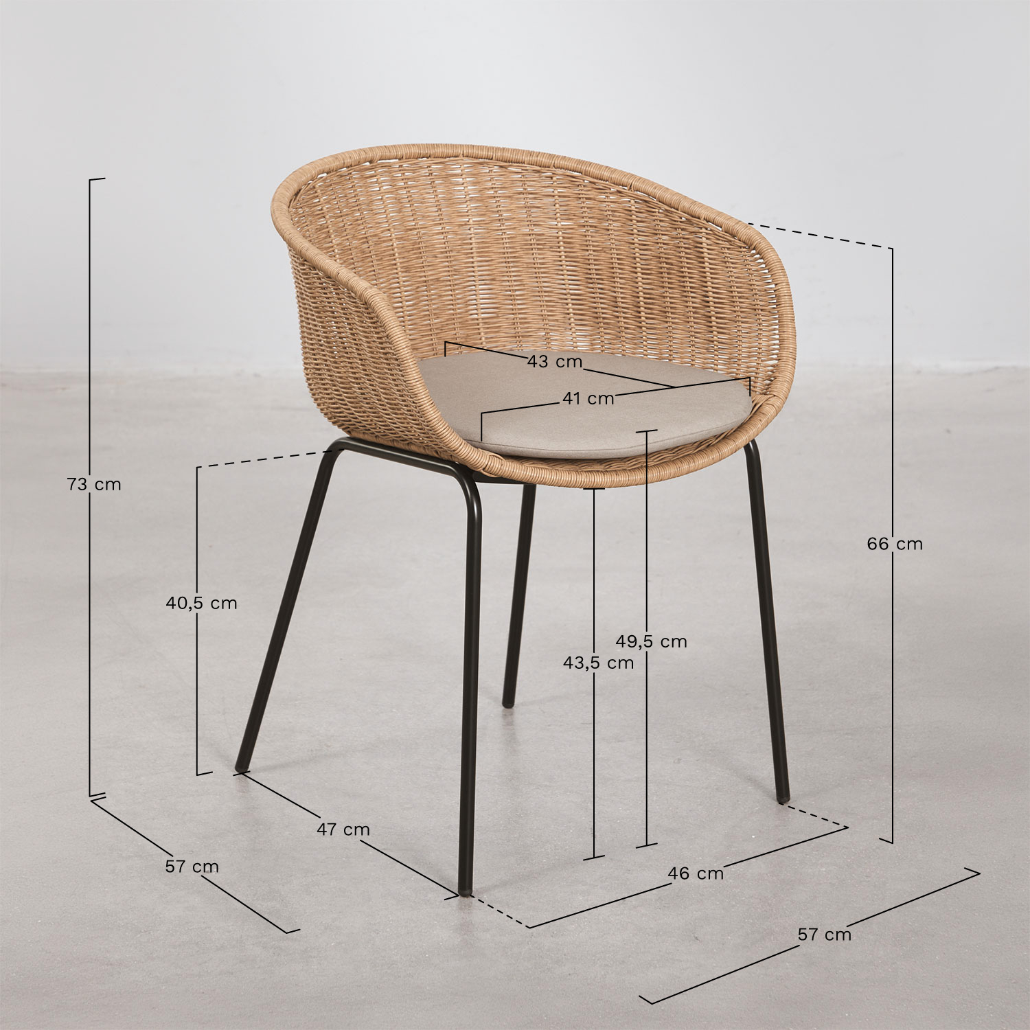 Set of 4 garden chairs with armrests in synthetic rattan and steel New Tulua, MEASURES