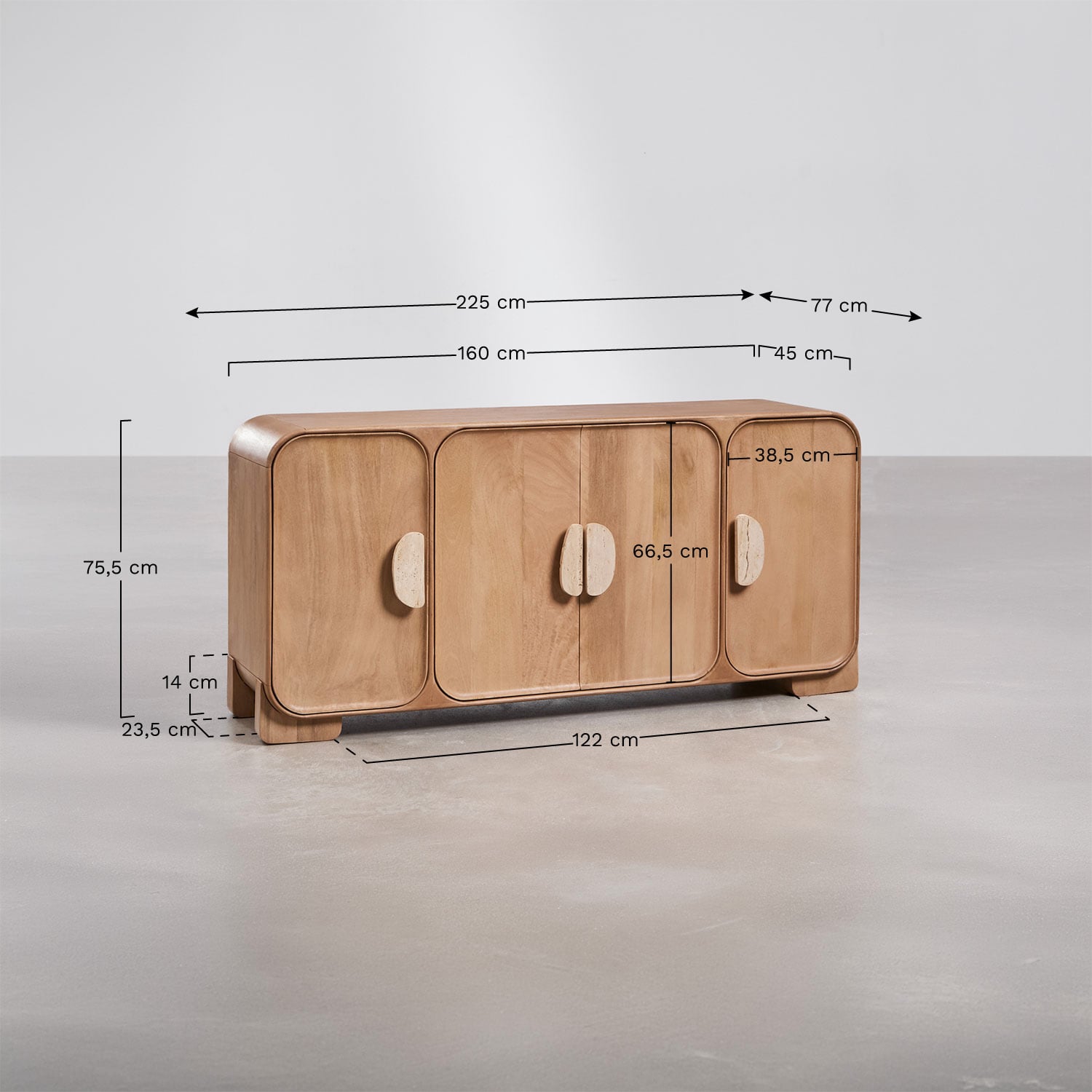 Sideboard 160x45 cm in mango wood and Kivalina travertine, MEASURES