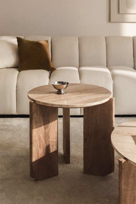 Lavinia round side table Ø50 cm in natural stone and mango wood - Travertine