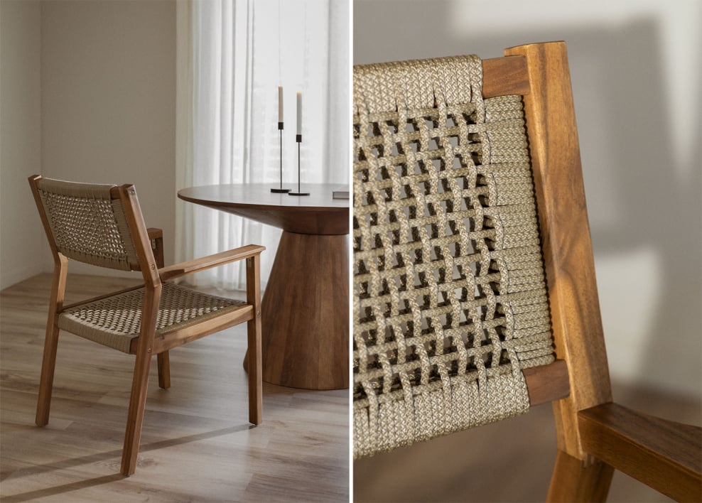 Tenay Square dining chair with acacia wood armrests and braided rope - Brown Wheat