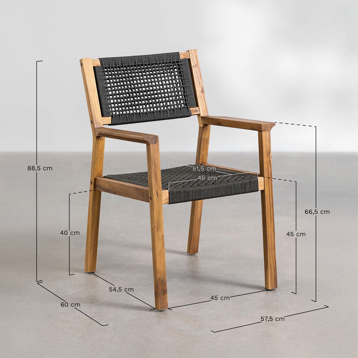 Tenay Square dining chair with acacia wood armrests and braided rope, MEASURES