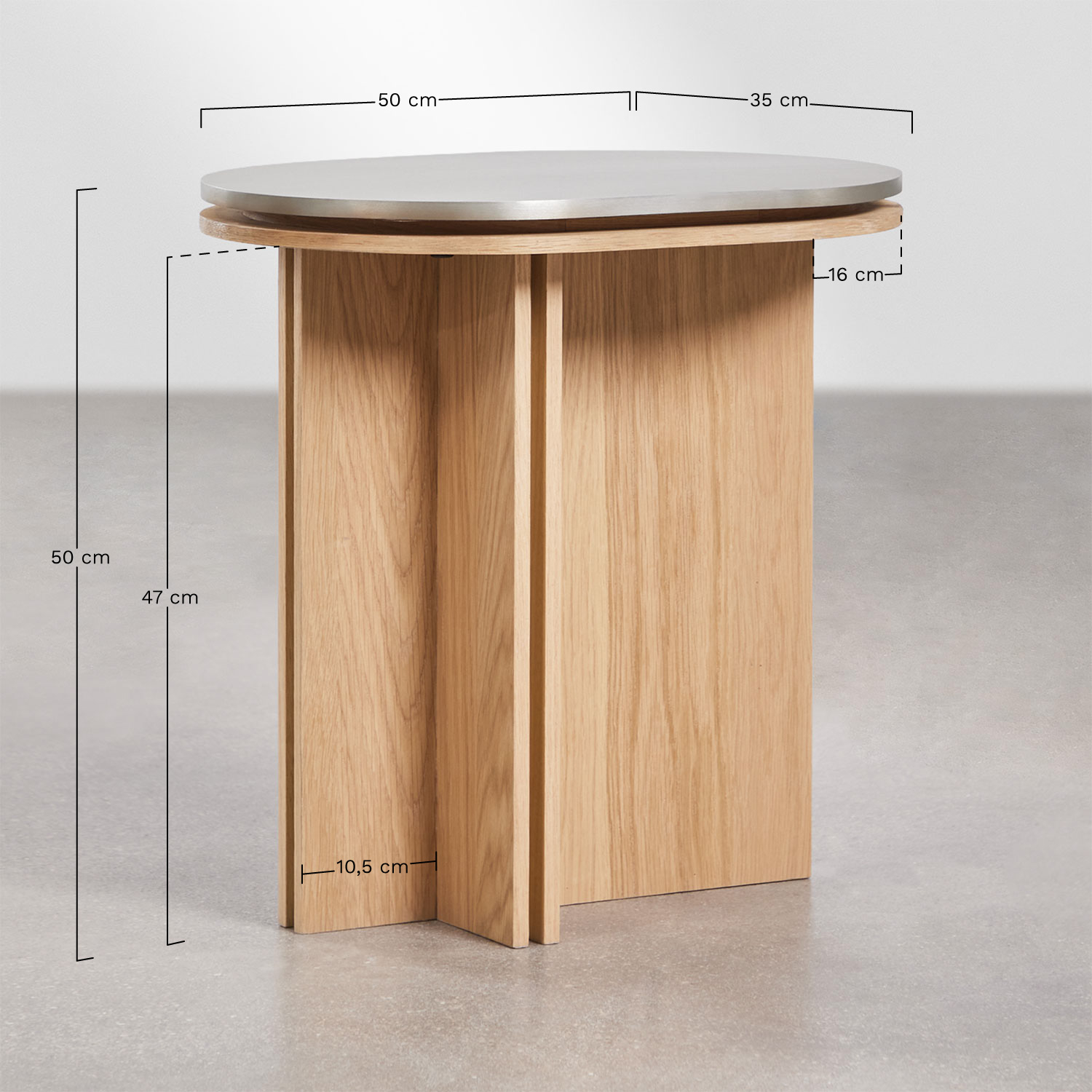 Pack of 2 oval bedside tables 50x35 cm in oak veneer and stainless steel Lindina, MEASURES