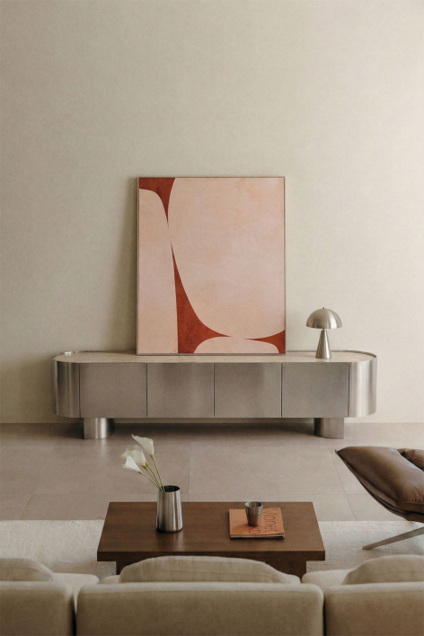 TV Stand 180x40 cm in stainless steel and travertine Luena - Travertine