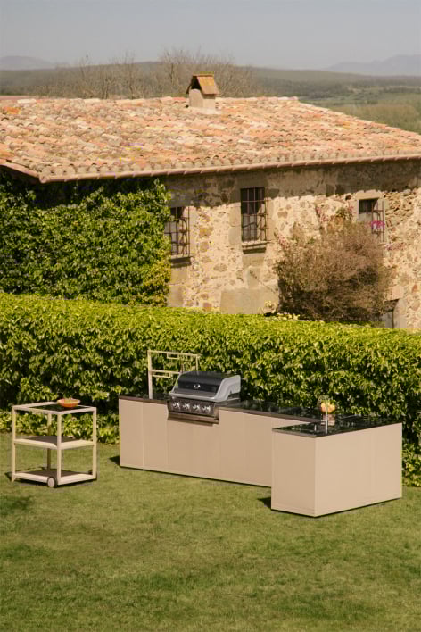 8-piece outdoor corner modular kitchen with sink and 4-burner Rivana steel gas barbecue