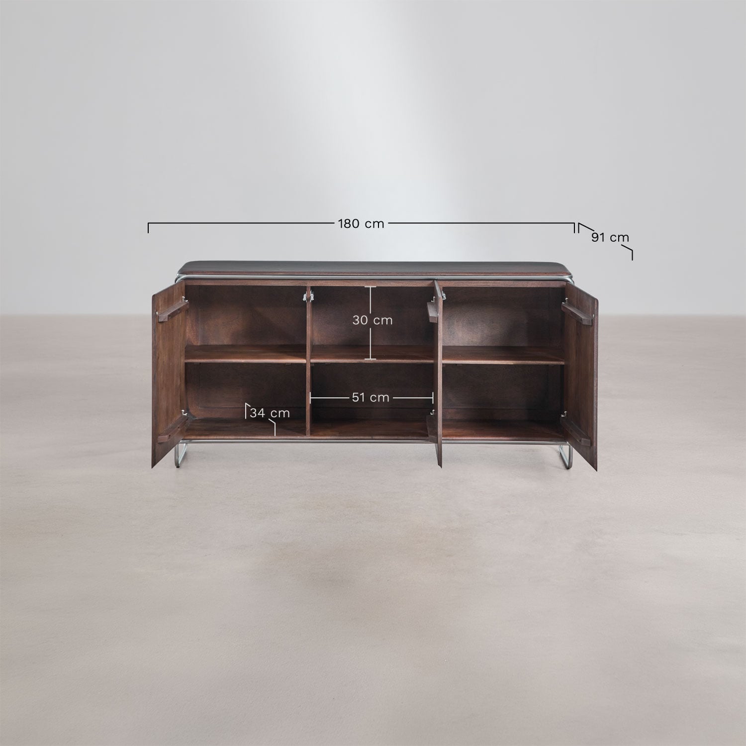 Sideboard in acacia wood and stainless steel Altrex, MEASURES