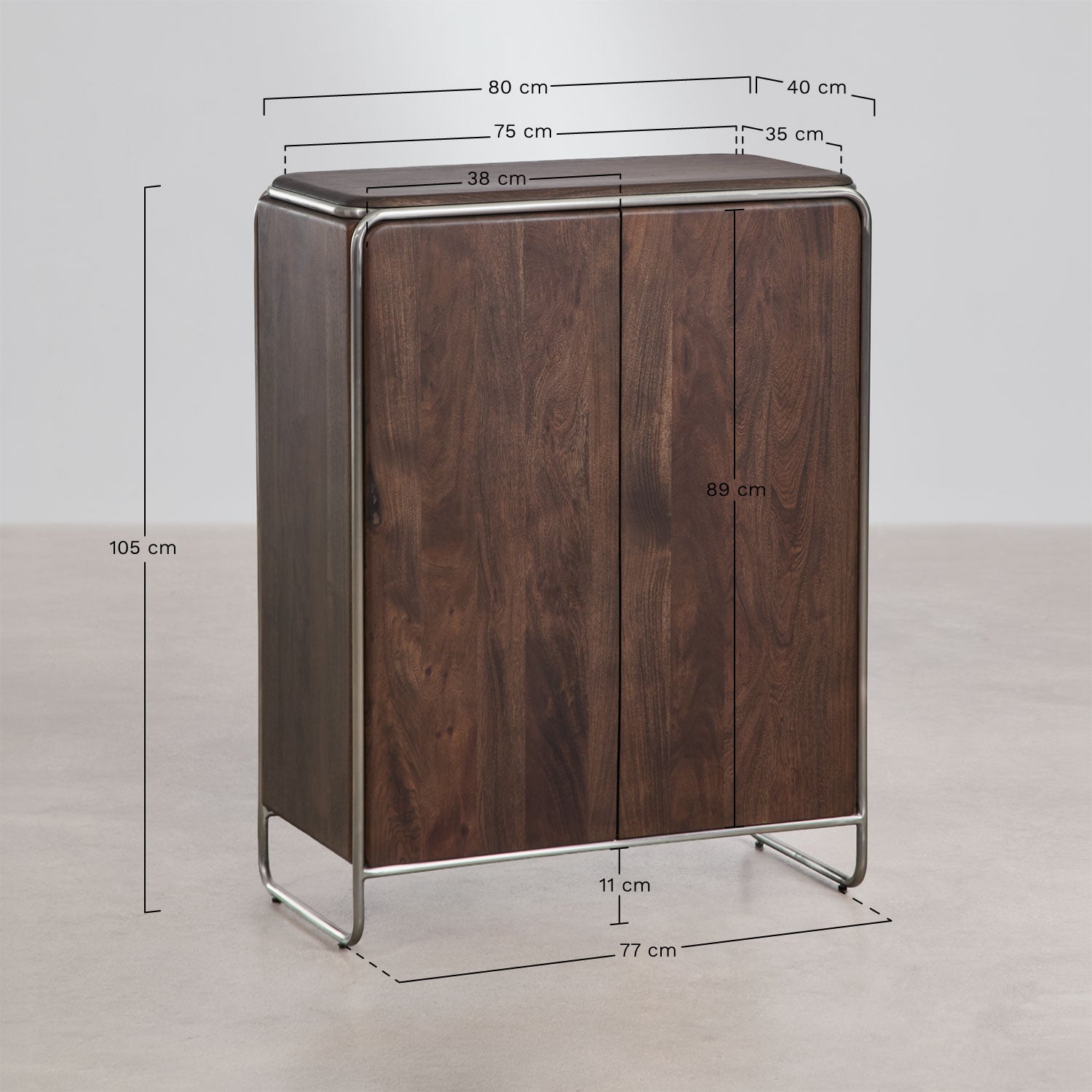 Sideboard in acacia wood and stainless steel Altrex, MEASURES
