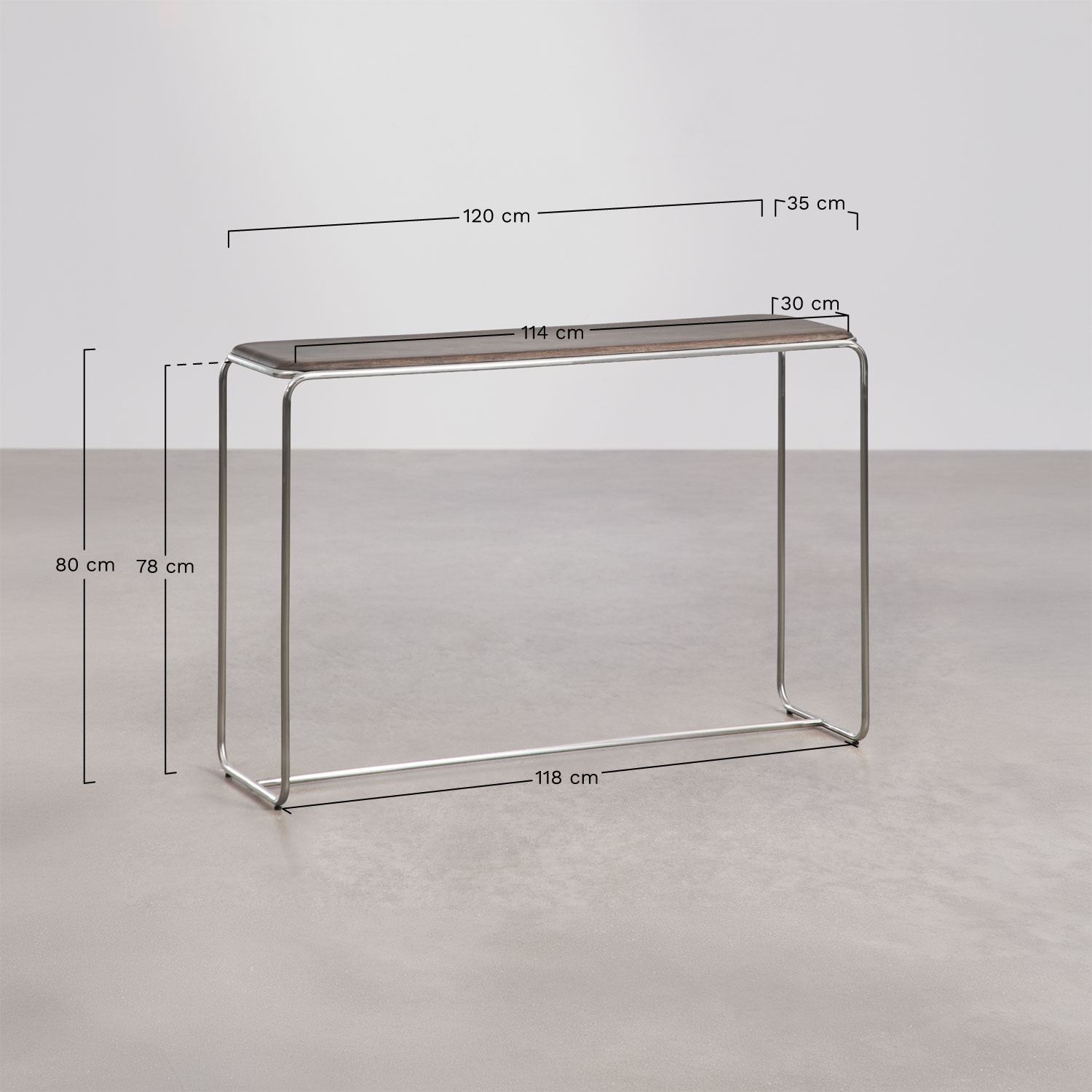 Altrex 120x35 cm acacia wood and stainless steel hallway console table, MEASURES